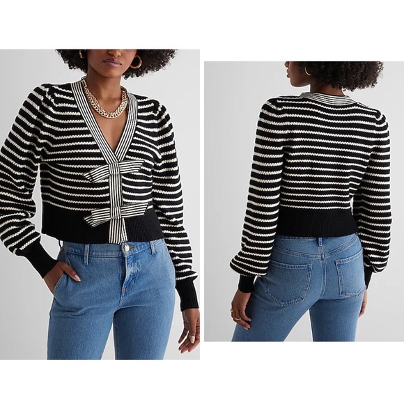 Express Striped Bow cardigan in black/white. Sold out online! - Picture 1 of 6